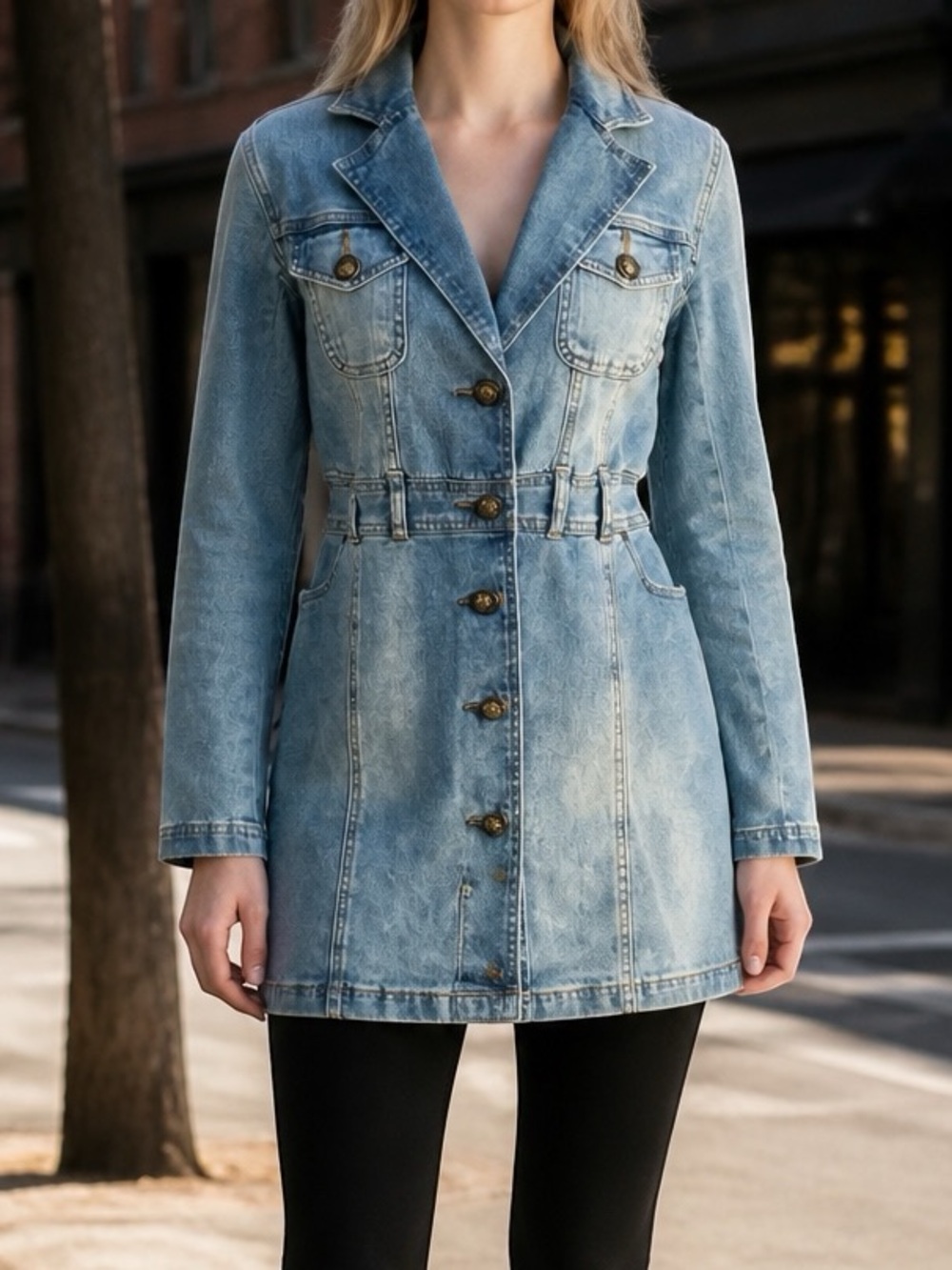 Diane Gilman Vintage Light Blue Long Denim Jacket with Button Front Sz S